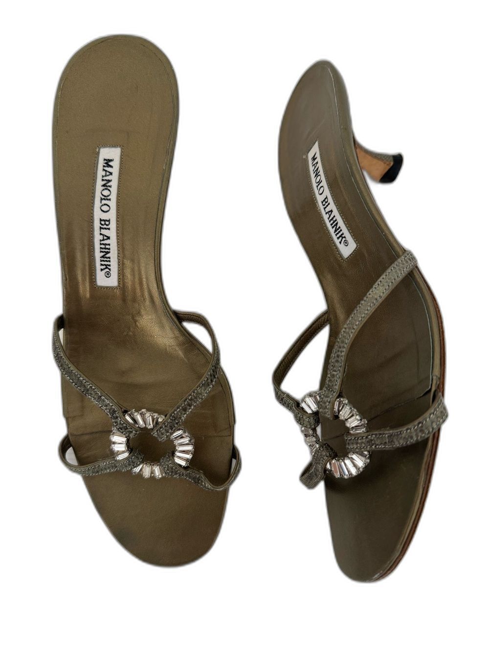 Manolo Blahnik EU 38.5 Rare Vintage Olive Lizard Leather Jewel Ring Kitten Heel